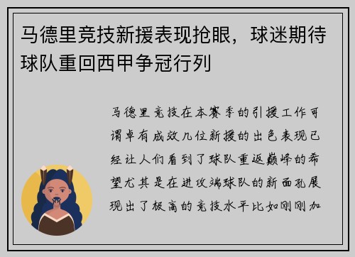 马德里竞技新援表现抢眼，球迷期待球队重回西甲争冠行列