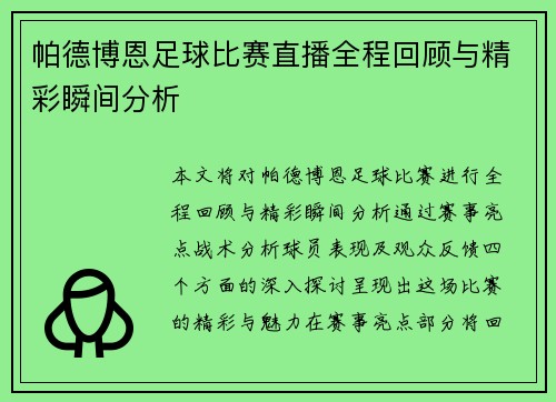 帕德博恩足球比赛直播全程回顾与精彩瞬间分析
